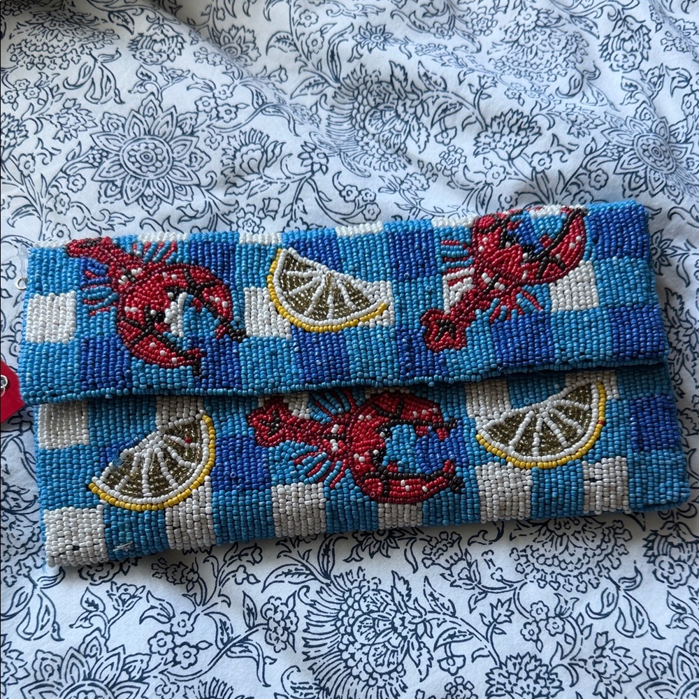 Kelly & Katie Blue Beaded Clutch with Red Lobster and Yellow Lemon Motifs